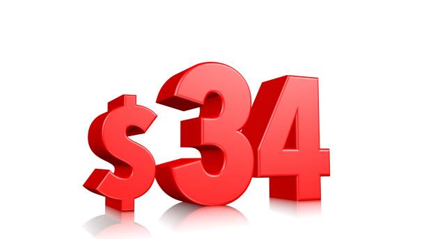 istock 34$ price symbol. red text 3d  render with dollar sign on white background 1142263051