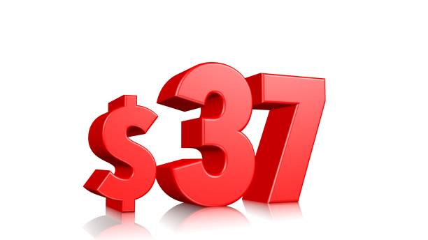 istock 37$ price symbol. red text 3d  render with dollar sign on white background 1142263507