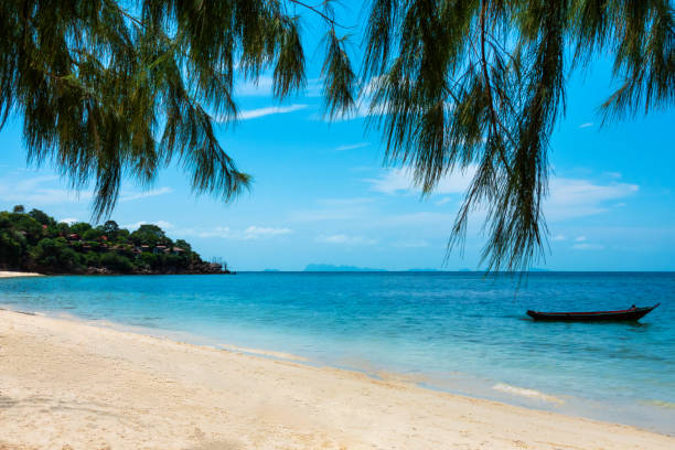 istock Tropical sea, palms and boat on white sand beach 1142263517