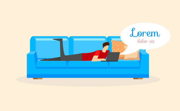 Young Man Lying on Sofa with Laptop Isolated. Young Man Lying on Sofa with Laptop on Beige Background with Speech Bubble. Male Character Chatting in Social Network Getting Message from Friends. Cartoon Flat Vector Illustration. Horizontal Banner lying friends quotes stock illustrations