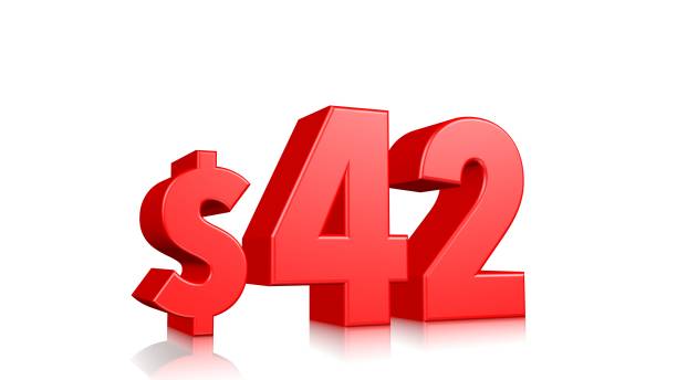 istock 42$ price symbol. red text 3d  render with dollar sign on white background 1142264544