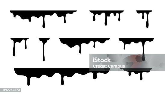 istock Black spray melt drips or liquid paint drops. Vector graffiti splatter splash or chocolate syrup and oil leak borders 1142264573