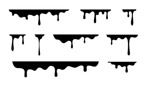 Vector illustration of Black spray melt drips or liquid paint drops. Vector graffiti splatter splash or chocolate syrup and oil leak borders