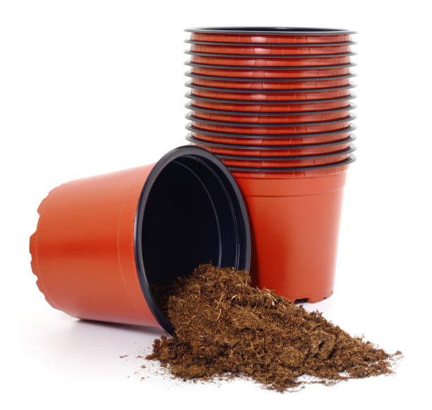 istock Brown plastic plant pots and soil isolated. 1142264763
