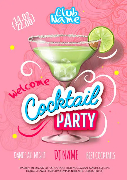 Vector illustration of Cocktail party poster in eclectic modern style. Realistic cocktail