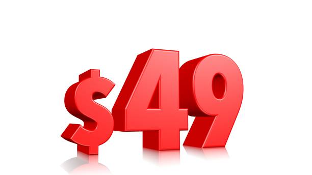 istock 49$ price symbol. red text 3d  render with dollar sign on white background 1142265599