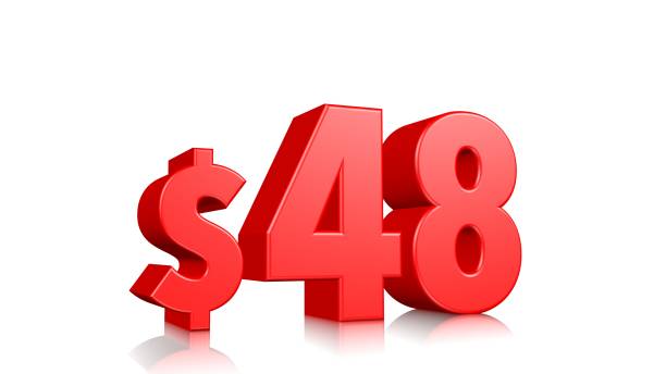 istock 48$ price symbol. red text 3d  render with dollar sign on white background 1142265710
