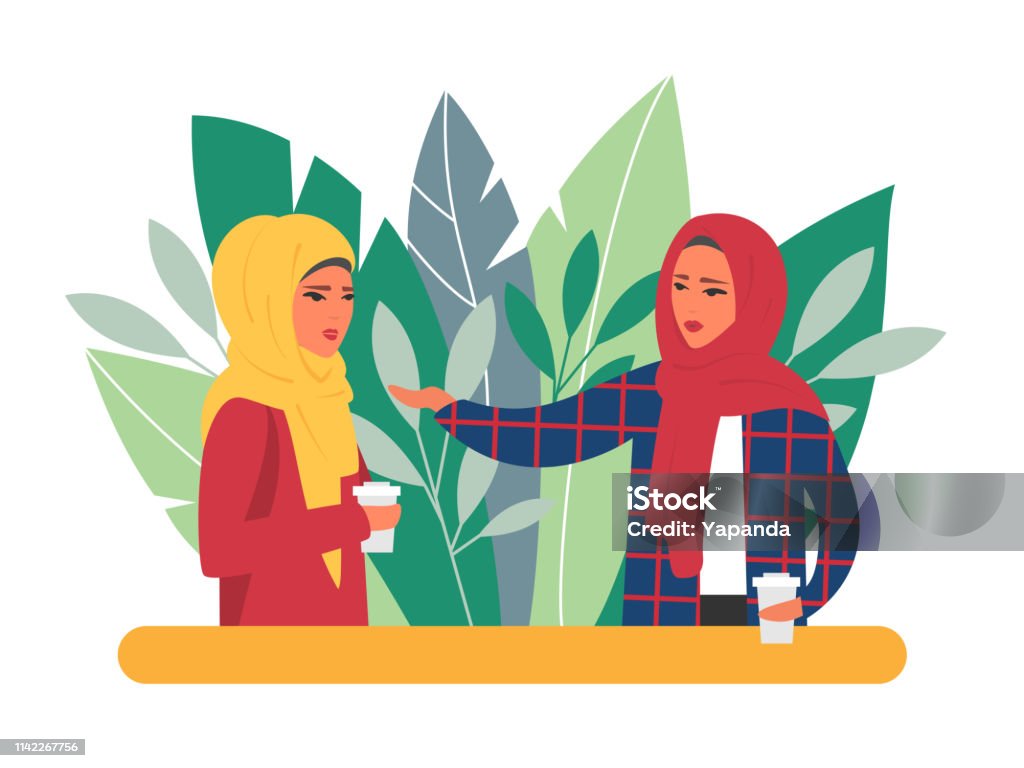 Muslim women coffee time. Daily life vector illustration Two muslim women communication during coffee time. Vector daily life iluustration Adult stock vector