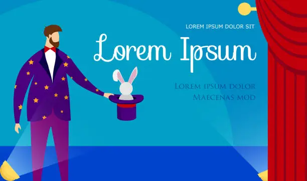 Vector illustration of Magician in Costume Performing Tricks with Rabbit.