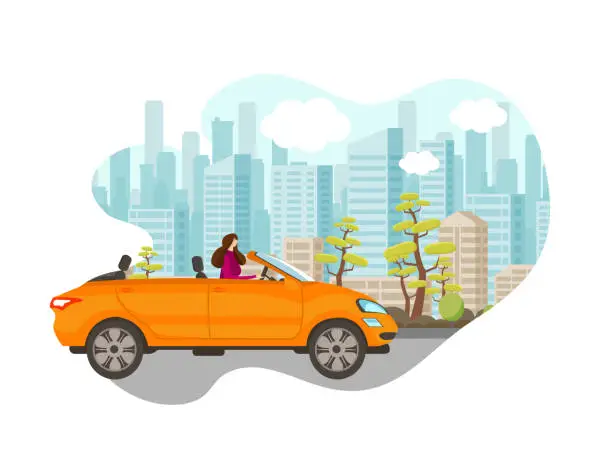 Vector illustration of Beautiful Young Woman Driving Car in Big City.