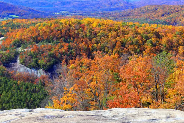 Scenic view from a hiking trail atop Stone Mountain, located in Stone Mountain State Park in the Blue Ridge mountains near Roaring Gap, North Carolina