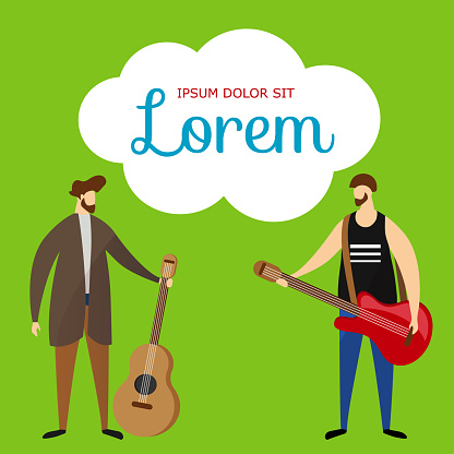 Acoustic and Electric Guitarists on Green Background. Young Men Musicians Playing Guitar, Live Music Band Performing on Stage. Rock, Pop Music Concert. Cartoon Flat Vector Illustration. Square Banner.