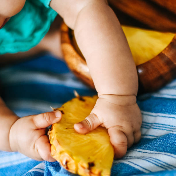 Pineapple and baby, sweet snack cute child Little girl, 8 month old baby, holds cute up piece of pineapple in her cute little fingers, wooden bowls full of fresh fruit snack and a curious small child. Baby is mixed race half African American half Caucasian and she sits on a striped picnic blanket with the fresh ripe raw fruit small florida home stock pictures, royalty-free photos & images