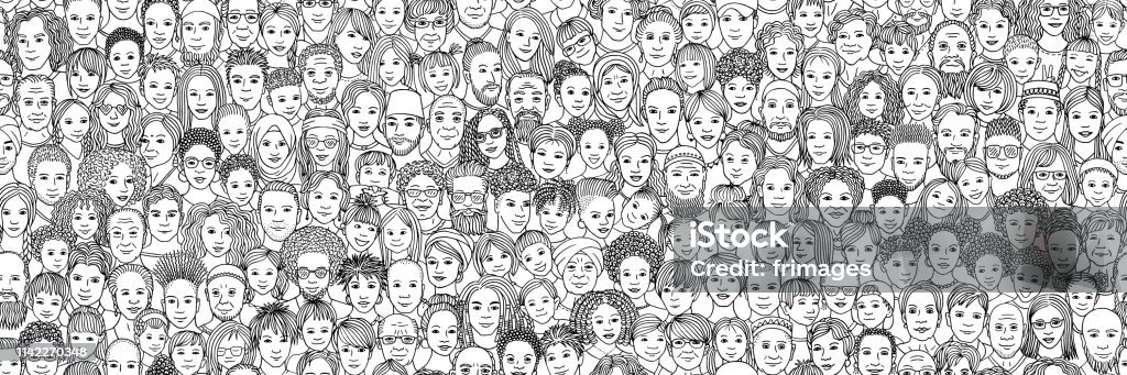 Diverse crowd of people: kids, teens, adults and seniors Diverse crowd of people: children, teenagers, adults and senior citizens - seamless banner of hand drawn faces of various age groups and ethnicities People stock vector