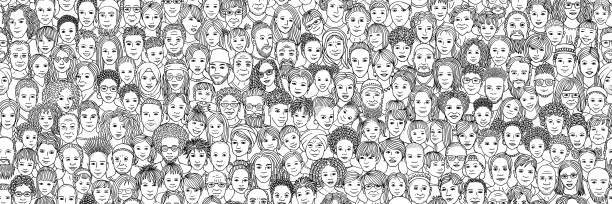 Diverse crowd of people: kids, teens, adults and seniors Diverse crowd of people: children, teenagers, adults and senior citizens - seamless banner of hand drawn faces of various age groups and ethnicities audience backgrounds stock illustrations