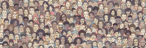 Diverse crowd of people: kids, teens, adults and seniors Diverse crowd of people: children, teenagers, adults and senior citizens - seamless banner of hand drawn faces of various age groups and ethnicities family designs stock illustrations