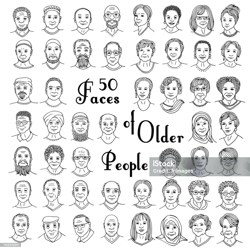 Set of fifty hand drawn faces of older people Diverse portraits of women and men 50+, senior citizens of different ethnicities Human Face stock vector