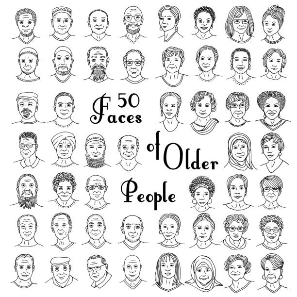 Set of fifty hand drawn faces of older people Diverse portraits of women and men 50+, senior citizens of different ethnicities portrait drawings stock illustrations