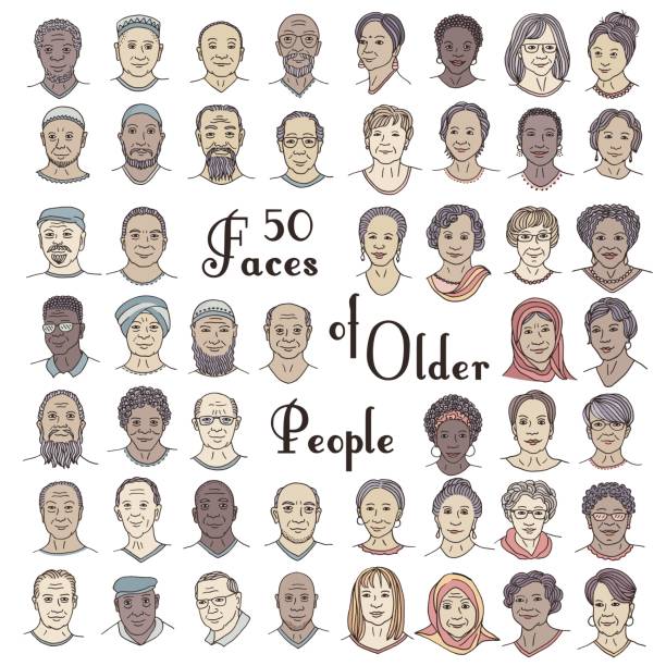 Set of fifty hand drawn faces of older people vector art illustration