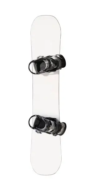 Mockup of white snowboard with bindings. Sport equipment isolated