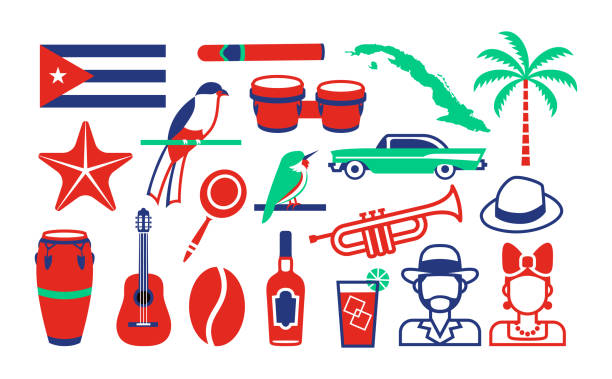 ilustraciones, imágenes clip art, dibujos animados e iconos de stock de conjunto de iconos de cuba aislados sobre fondo blanco - cuba