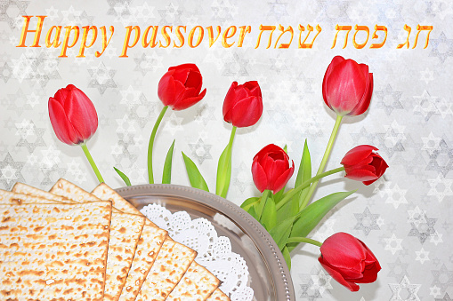 jewish holiday of Passover and its attributes, with matzo and spring tulips - Happy Passover