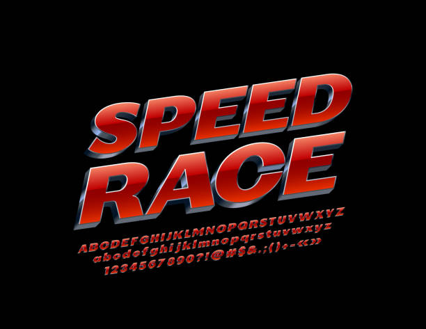 ilustrações de stock, clip art, desenhos animados e ícones de vector modern emblem speed race with red and silver alphabet. metallic 3d font - chrome insignia sign gear
