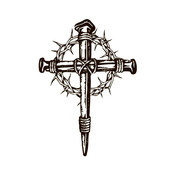 illustrations, cliparts, dessins animés et icônes de jésus ongle croix avec couronne d’épine - sharp