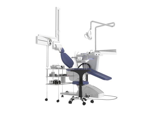 istock Dental blue chair with lighting and functionality for dental treatment 3d render on  white background no shadow 1142280815