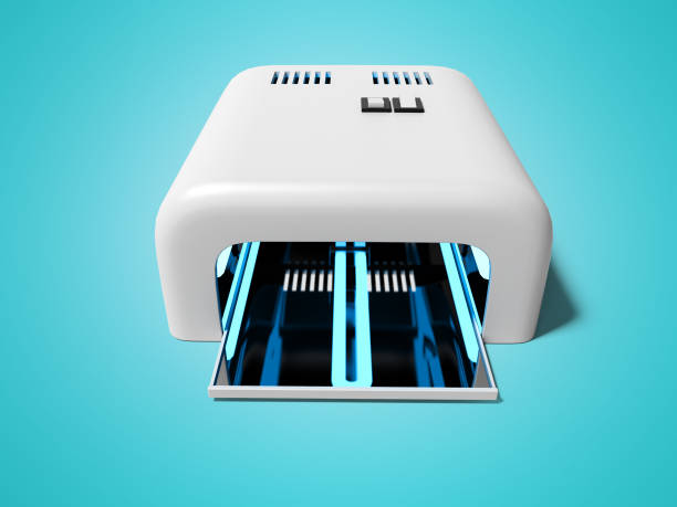 istock Drying lamp for manicure top view 3d render on blue background with shadow 1142280816