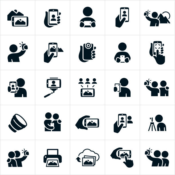 Mobile Photography Icons A set of mobile photography icons. The icons show several different people taking pictures with their mobile or smartphones. Some are taking selfies while others are taking pictures of scenery and landscapes. They also include lenses, photo sharing, printing pictures and uploading images to the cloud. selfie photos stock illustrations