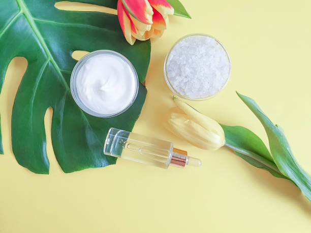 istock cosmetic cream, flower tulip, monstera leaf on a colored background 1142282668