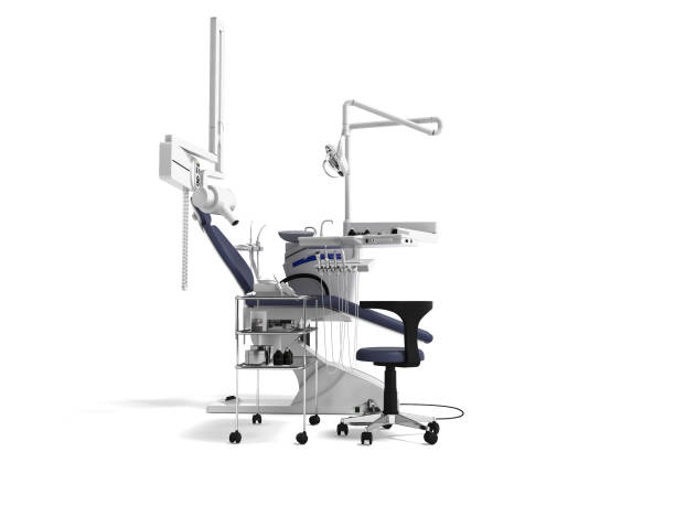 istock White dental chair with blue inserts with light and functionality for dental treatment 3d render on white background with shadow 1142284101