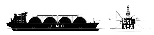 platforma naftowa lub gazowa w oceanie i cysterna do transportu skroplonego gazu. czarny kontur z dużą liczbą części. - industrial ship stock illustrations