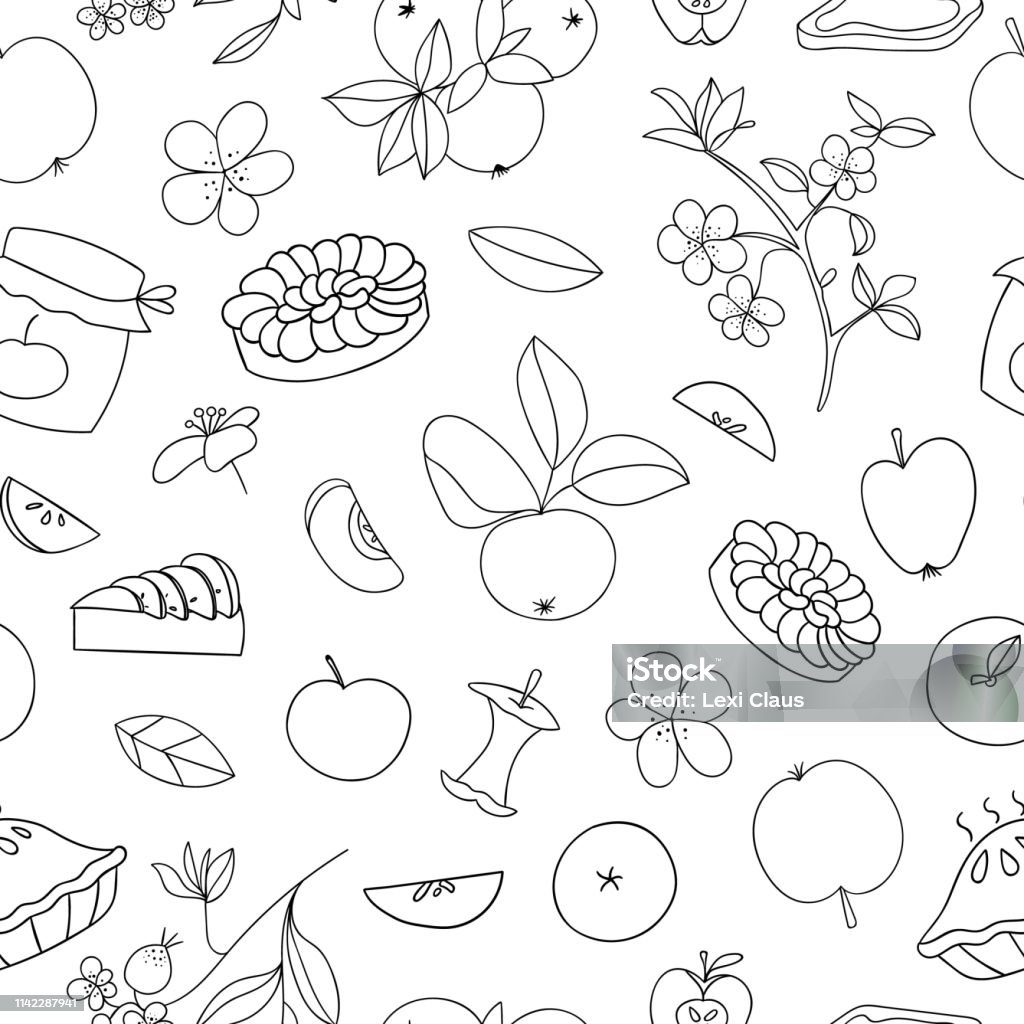 Apple pattern Vector seamless pattern of cute hand-drawn apples, apple pie, flowers, jam jar. Black and white repeat background. Home made food theme. Good for kitchen appliances, table cloth, napkins, cosy Apple Blossom stock vector