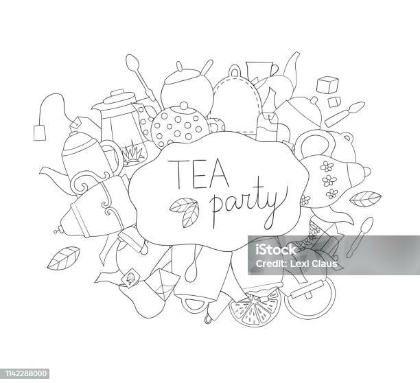 Tea Elements Black And White Vector Background Stock Illustration - Download Image Now - Bakery, Breakfast, Cafe