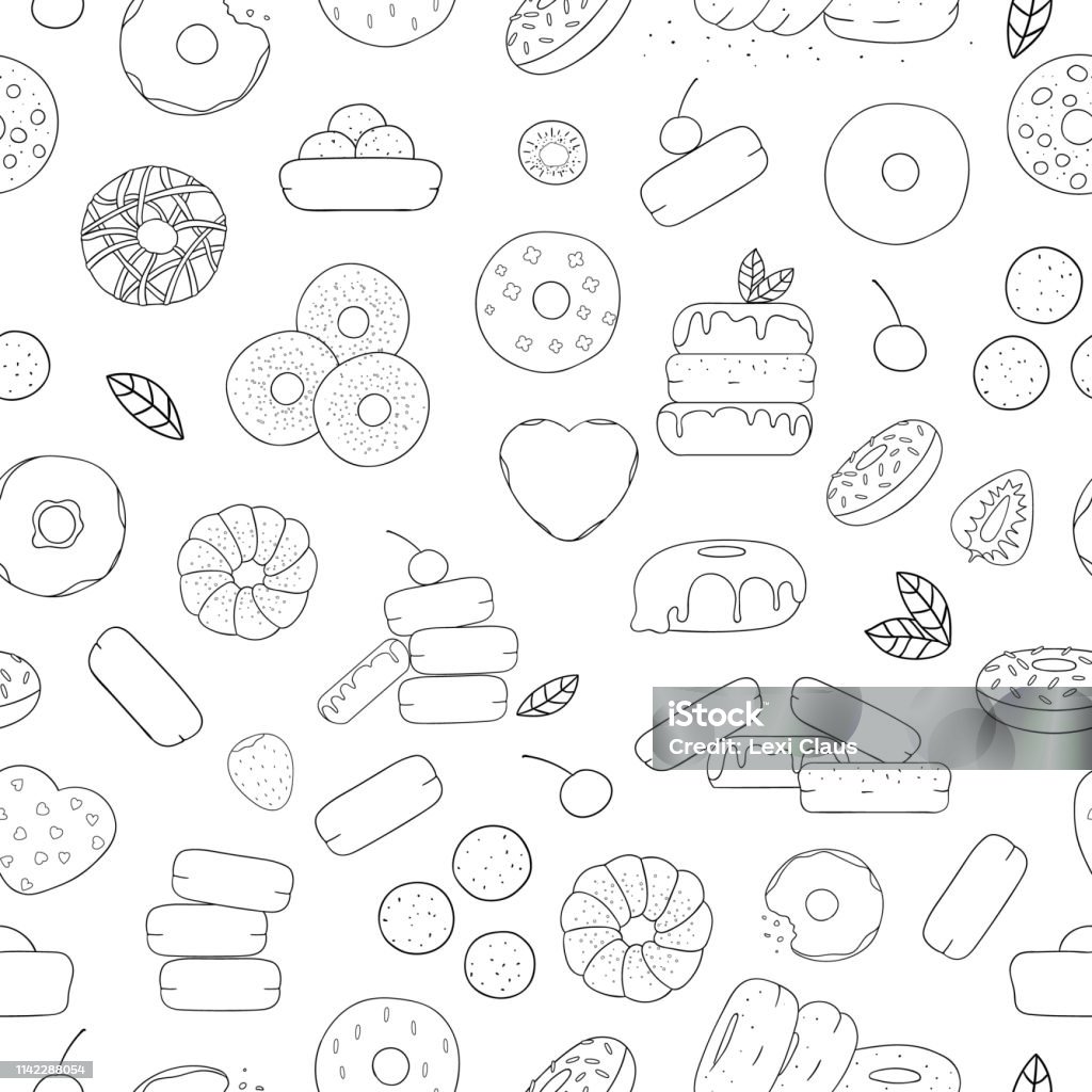 Donuts pattern Vector seamless pattern of black and white doughnuts. Donut repeat backdrop. Linear art repeat texture of sweet bakery goods. Graphic drawing of cakes Abstract stock vector