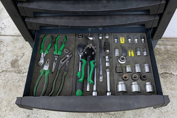 istock Box with a special tool for auto mechanics in the service station. Professional toolbox 1142288874