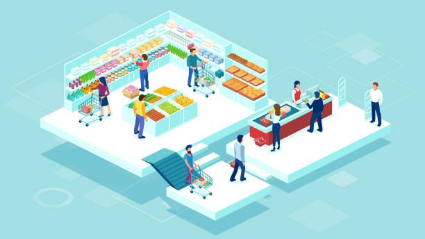 ilustrações de stock, clip art, desenhos animados e ícones de isometric vector of people shopping together at the grocery supermarket and buying food products - department store