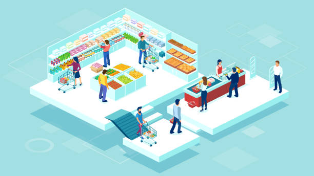Isometric vector of people shopping together at the grocery supermarket and buying food products Isometric vector of people shopping together at the grocery supermarket and buying food products grocery store cashier stock illustrations