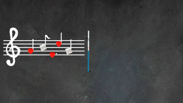 istock Music note sheet on chalkboard, notes made up with red hearts and mock up condom pack in the end, Creative concept about sexual education, protection from unwanted pregnancy Horizontal with copy space 1142297970