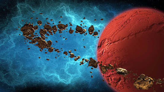 Red Planet with Asteroid Ring against Nebula - Outer Space Scene Background - Elements of this image furnished by NASA. Processed in Photoshop CC 2019