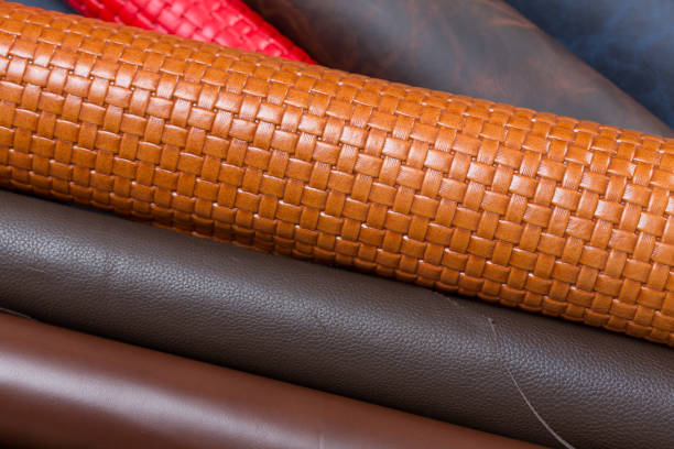 istock Many multicolored leather pieces for sale close up. 1142299850