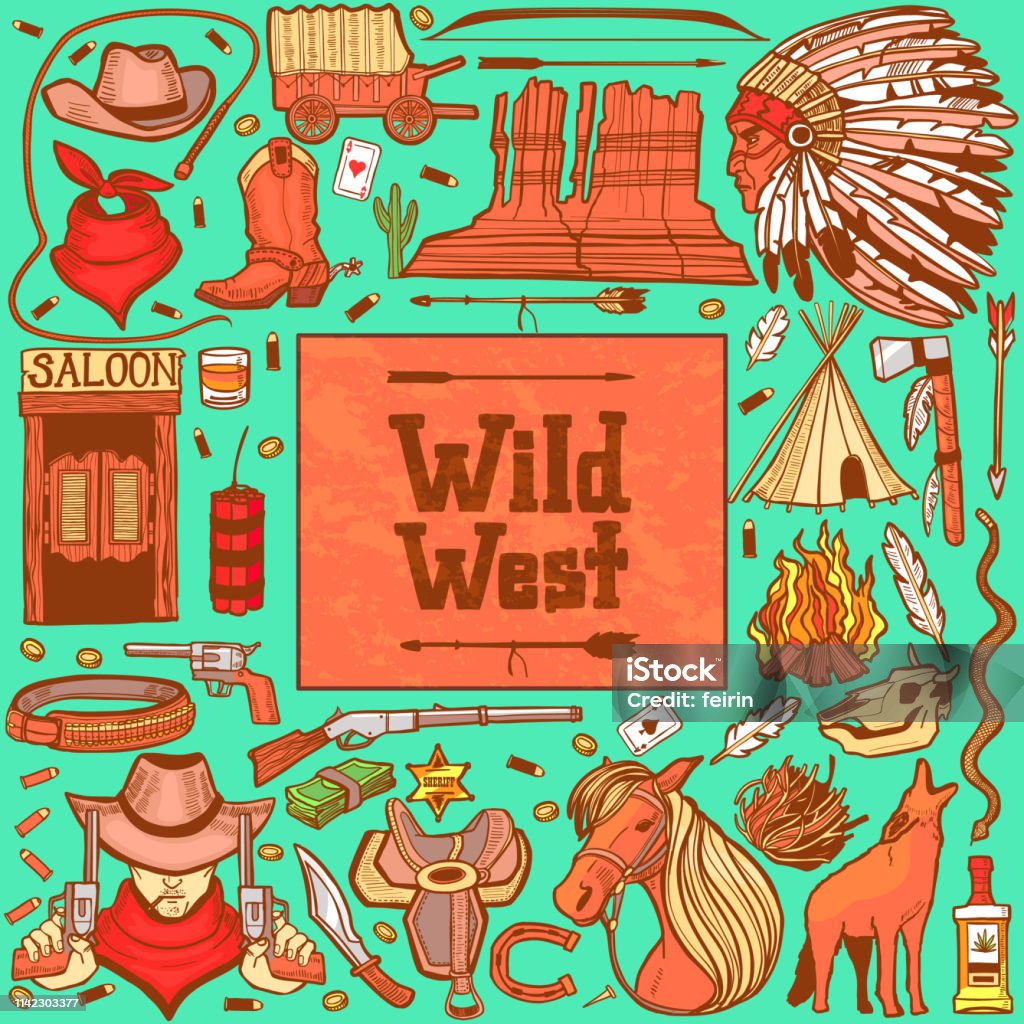 Dark Wild West Set in Hand Drawn Style Dark Wild West Set. Collection in Hand Drawn Style for Surface Design Fliers Banners Prints Posters Cards. Vector Illustration Wild West stock vector