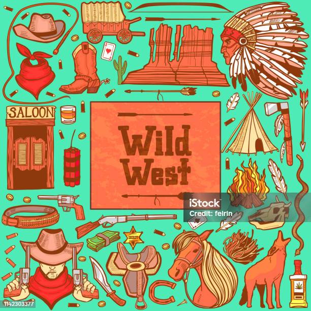 Dark Wild West Set In Hand Drawn Style Stock Illustration - Download Image Now - Wild West, Archery Bow, Arrow - Bow and Arrow