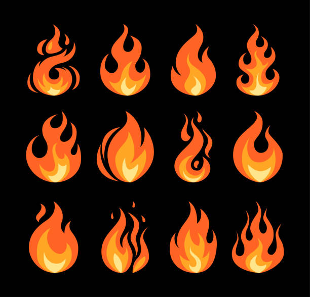 Simple vector flame icons in flat style Set of vector flame icons on black background. Simple illustrations of fire in flat style flame icons stock illustrations