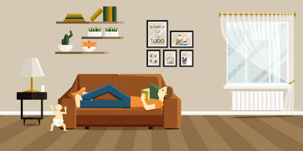 ilustrações de stock, clip art, desenhos animados e ícones de vector illustration of father reads and baby walks - family sofa vector illustration and painting