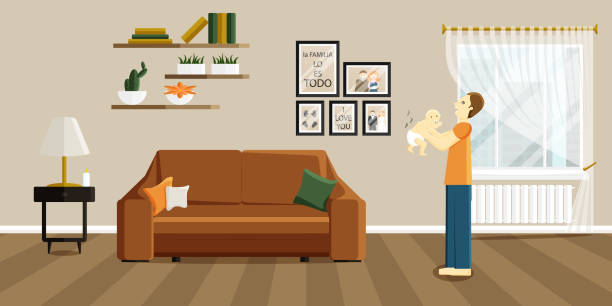 ilustrações de stock, clip art, desenhos animados e ícones de vector illustration of father scare and baby poop - family sofa vector illustration and painting