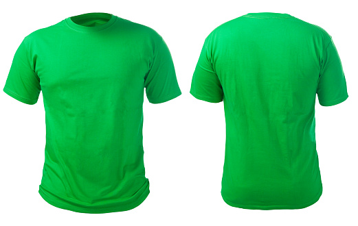 Blank green shirt mock up template, front and back view, isolated on white, plain t-shirt mockup. Tee sweater sweatshirt design presentation for print.