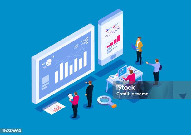 Team Analysis Of Business Reports Visual Data Analysis Stock Illustration - Download Image Now